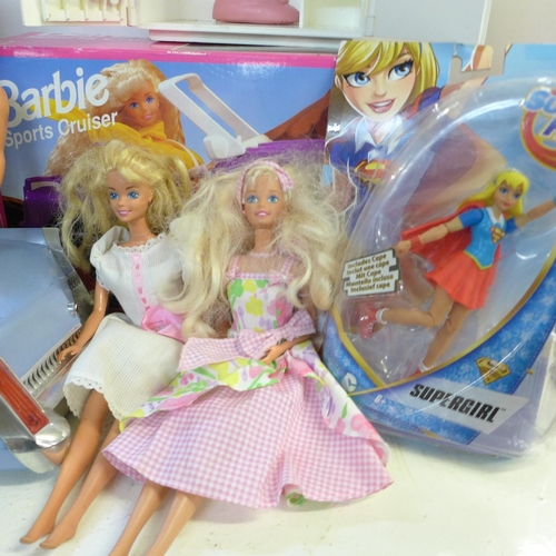 782 - Two boxes of Barbie and Sindy dolls, furniture, vehicles, etc., some boxed