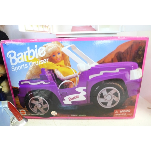 782 - Two boxes of Barbie and Sindy dolls, furniture, vehicles, etc., some boxed