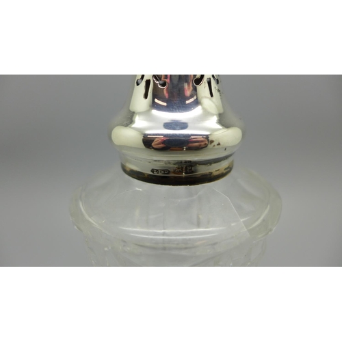 815 - A silver topped cut glass sugar shaker, Birmingham 1939