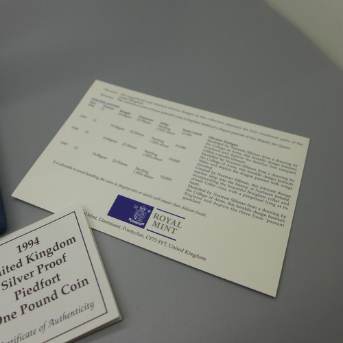 841 - A 1994-1997 UK silver proof Piedfort £1 collection, complete with all certificates