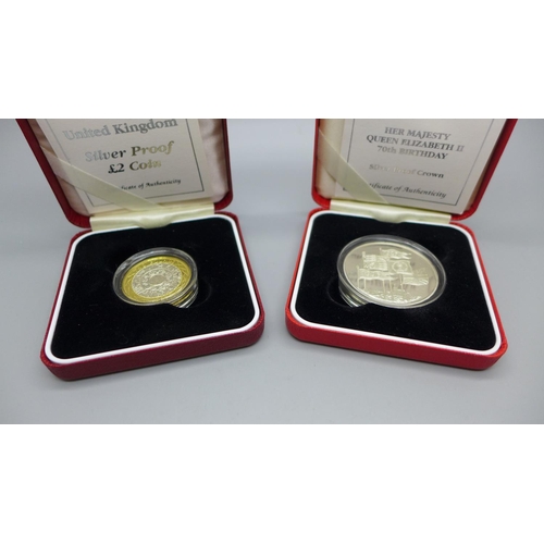 845 - A 1996 silver proof crown, Her Majesty's 70th Birthday and a 1997 silver proof £2 coin