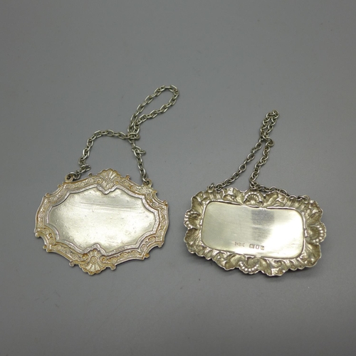 881 - Two silver bottle labels, port and brandy