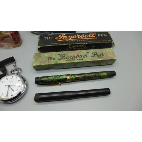 883 - An Ingersol stop-watch, an Ingersol No.10S fountain pen with 14ct gold nib, a The Burnham pen with 1... 