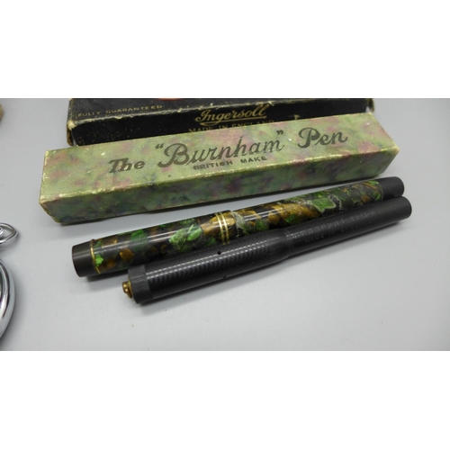 883 - An Ingersol stop-watch, an Ingersol No.10S fountain pen with 14ct gold nib, a The Burnham pen with 1... 