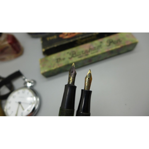 883 - An Ingersol stop-watch, an Ingersol No.10S fountain pen with 14ct gold nib, a The Burnham pen with 1... 