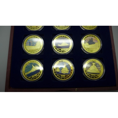 889 - Coins, a collection of Most Famous Battleships; USS Iowa, Bismarck, Turpitz, Yamato, etc., nine in a... 