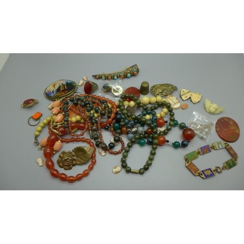 903 - Coloured beaded necklaces, rings, unmounted cameos, brooches, etc.