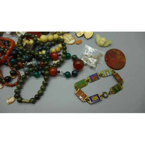 903 - Coloured beaded necklaces, rings, unmounted cameos, brooches, etc.