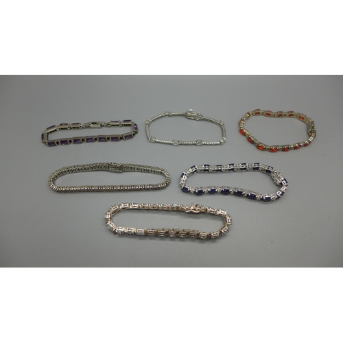 905 - Five silver bracelets set with gemstones