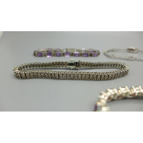 905 - Five silver bracelets set with gemstones