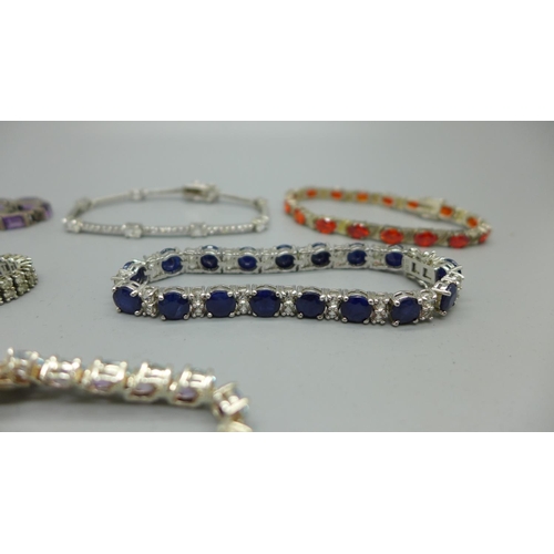 905 - Five silver bracelets set with gemstones