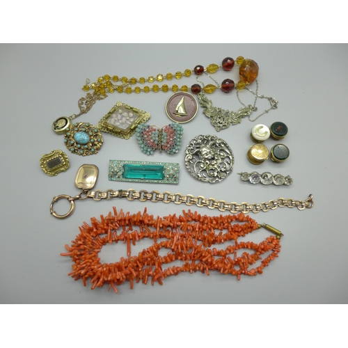929 - A coral necklace, mourning brooch and other costume jewellery