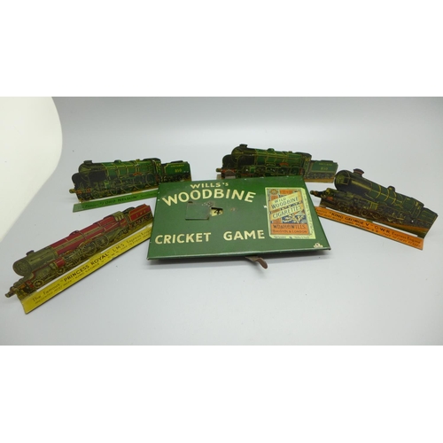 933 - A tin-plate Wills's Woodbine Cricket Game and four tin-plate locomotive plaques