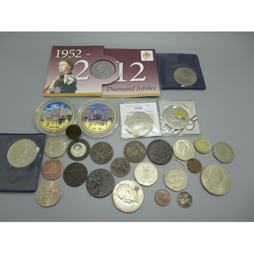 944 - Coins including three £5 coins, commemoratives, etc.