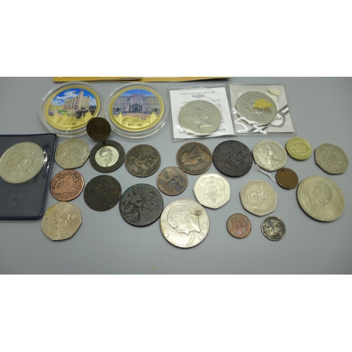 944 - Coins including three £5 coins, commemoratives, etc.