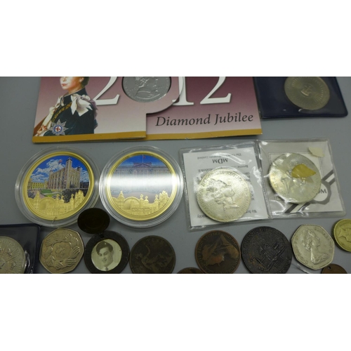 944 - Coins including three £5 coins, commemoratives, etc.