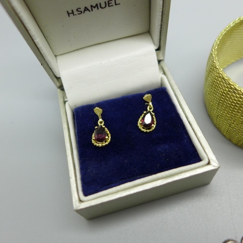 946 - A pair of 9ct gold and garnet earrings, a silver, opal and sapphire ring, a Danecraft silver brooch ... 