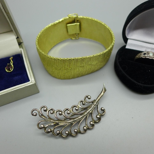 946 - A pair of 9ct gold and garnet earrings, a silver, opal and sapphire ring, a Danecraft silver brooch ... 