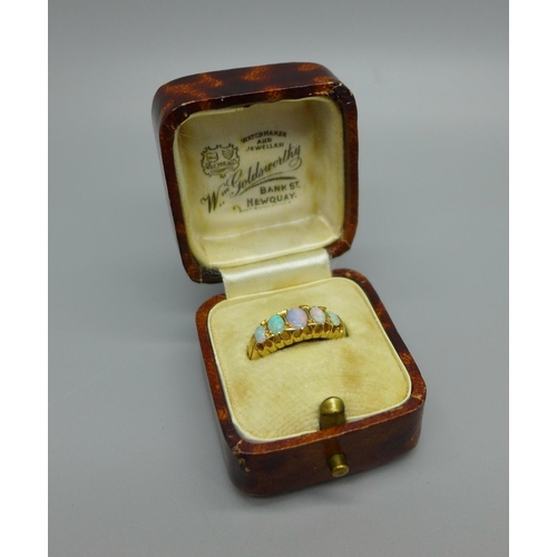 953 - A Victorian 18ct gold and opal ring, Birmingham 1864, two opals chipped, 2.6g, K