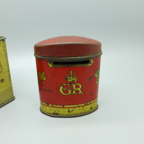 914 - A Cauldon Potteries Limited The Queen's Dolls' House money box tin and an Oxo George VI Coronation s... 
