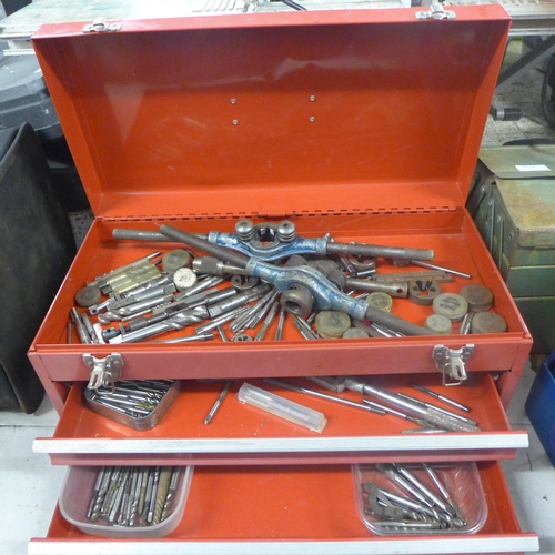Metal tool chest with approx 40-50 engineering tools, includes taps ...
