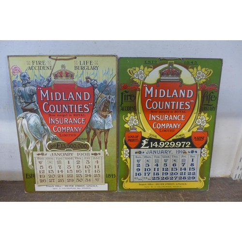 407 - Two Midland Counties Insurance Company Limited card advertising calendars, 1908 and 1910