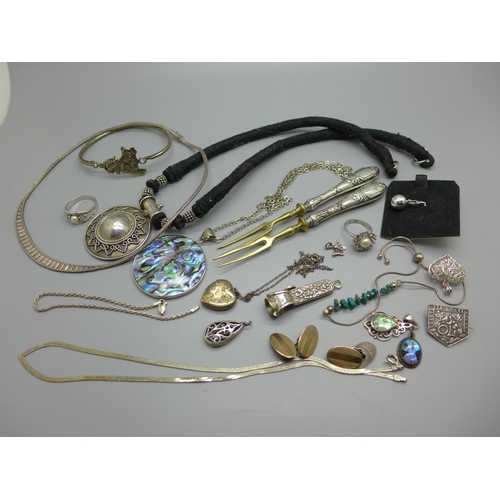 1177 - Silver and white metal jewellery, a pair of silver mounted pickle forks, etc.