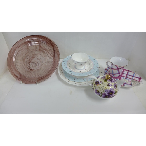 1185 - A Davidson cloud glass plate, a Royal Albert Rose Buds cup, saucer and tea plates and another teapot... 