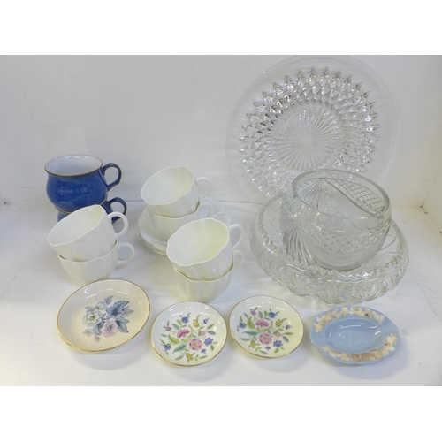 1188 - Royal Crown Derby cups and saucers, Wedgwood and two Denby cups, two crystal bowls and a plate **PLE... 