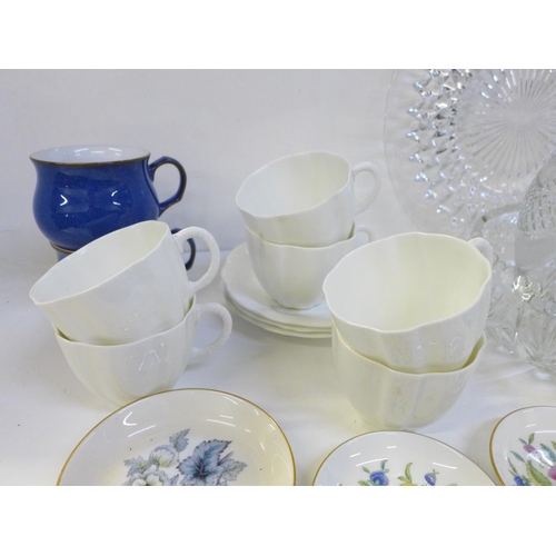 1188 - Royal Crown Derby cups and saucers, Wedgwood and two Denby cups, two crystal bowls and a plate **PLE... 