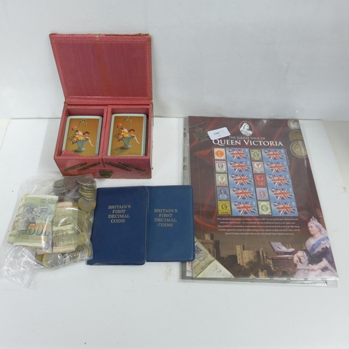 1190 - Mixed foreign coins, two stamp sets, History of the Monarchy and The Jubilee Issue of Queen Victoria... 