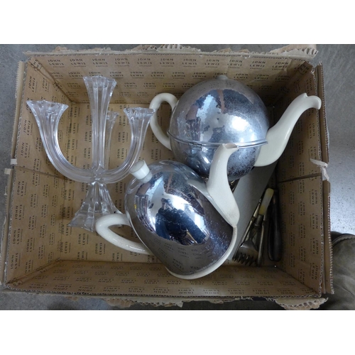 1195 - Two chrome tea pots, a glass candelabra, two nutcrackers, etc. **PLEASE NOTE THIS LOT IS NOT ELIGIBL... 