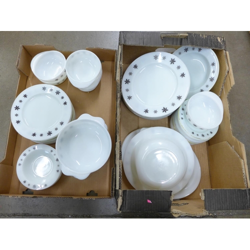 1216 - A Pyrex dinner service set with snowflake design including six soup dishes, one meat platter, sugar ... 