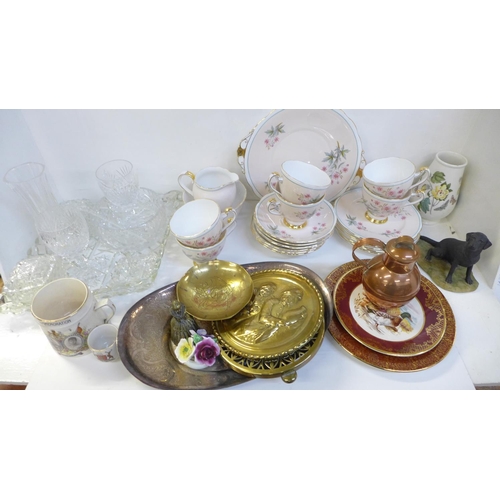 1218 - A Roslyn tea set, six setting, a collection of metal ware including brass, a glass dressing table se... 