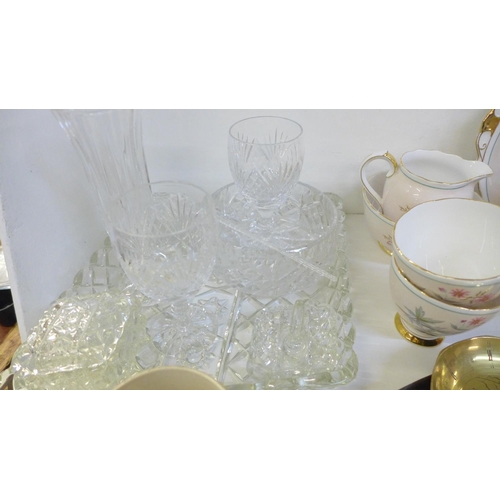 1218 - A Roslyn tea set, six setting, a collection of metal ware including brass, a glass dressing table se... 