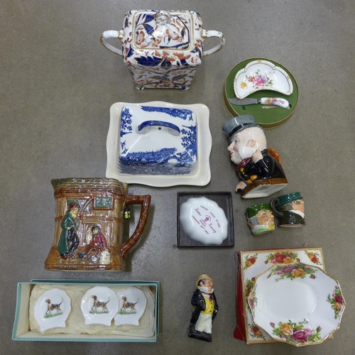 1222 - A Royal Crown Derby dish and knife, a Masonic Lodge dish, Toby jugs including Royal Doulton, a Royal... 