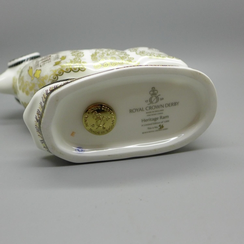 604 - A Royal Crown Derby paperweight with gold stopper, Heritage Ram, with certificate