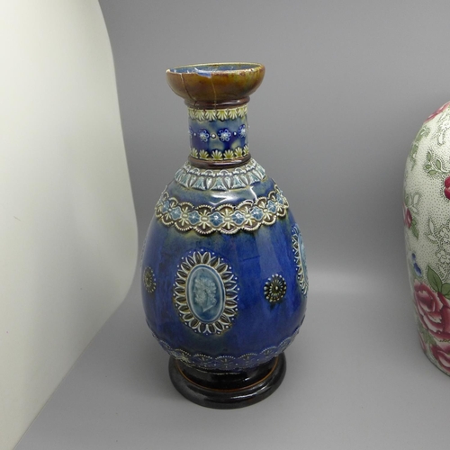 607 - A Doulton Lambeth stoneware vase, a Doulton Burslem vase, a Moorcroft small bowl, all a/f and an Alb... 