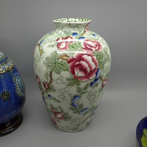 607 - A Doulton Lambeth stoneware vase, a Doulton Burslem vase, a Moorcroft small bowl, all a/f and an Alb... 