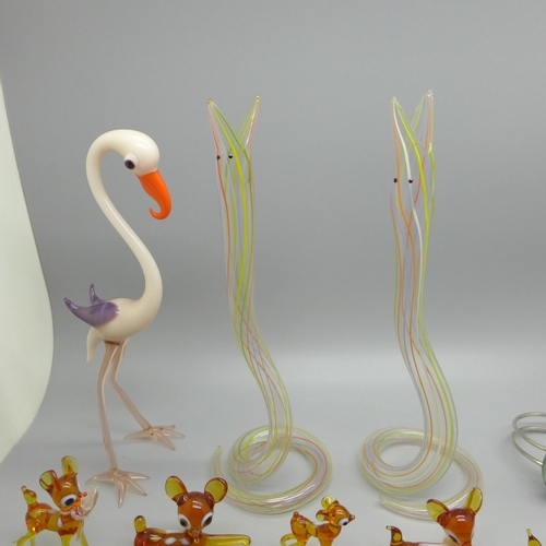 625 - Sixteen deer, one dog, two hollow glass snakes and one flamingo glass animals and various glass bead... 