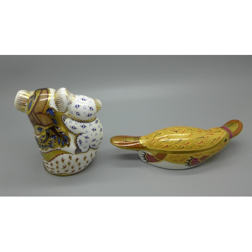 643 - Two Royal Crown Derby paperweights - Australian Collection, Koala and Baby and Duck Billed Platypus ... 