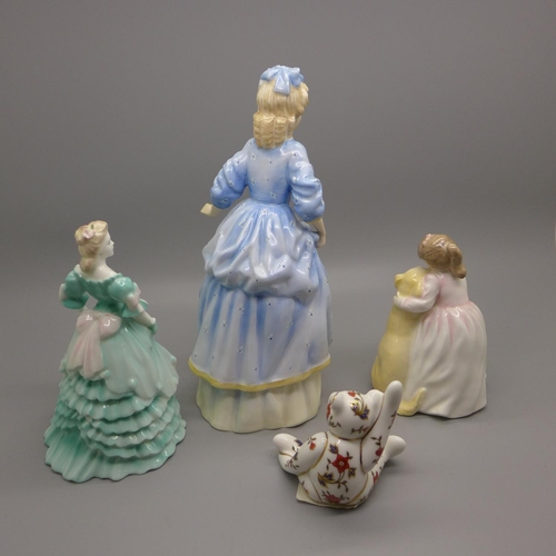 652 - Two Royal Doulton figures, a Coalport figure and a Royal Crown Derby Teddy bear paperweight