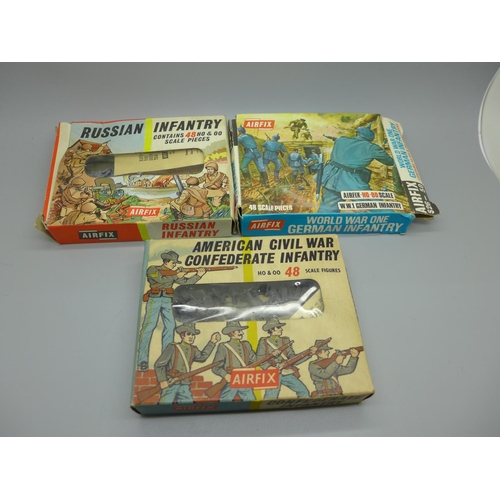 666 - Three box sets of Airfix Infantry and five Sure Shot die-cast pistols, boxed