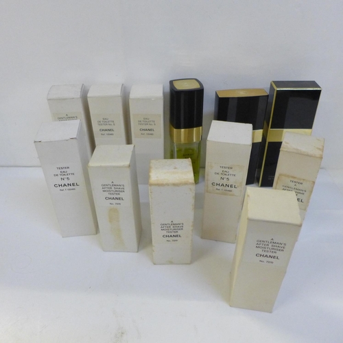 692 - Twelve bottles of Chanel No. 5 perfumes, after shave, moisturiser and balm (three part and nine full... 