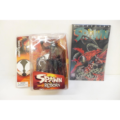 712 - A graphic novel, Spawn Blood Feud and Spawn Reborn series 3 figure, Raven Hellspawn, boxed