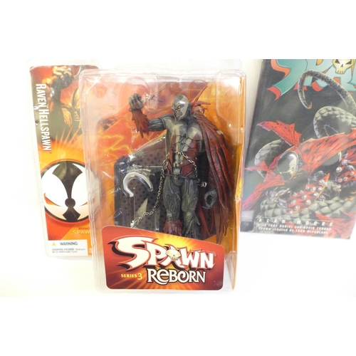 712 - A graphic novel, Spawn Blood Feud and Spawn Reborn series 3 figure, Raven Hellspawn, boxed