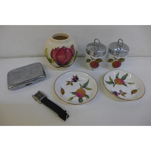 725 - A Moorcroft vase, two Royal Worcester dishes and two egg coddlers, a cigarette case and a wristwatch... 