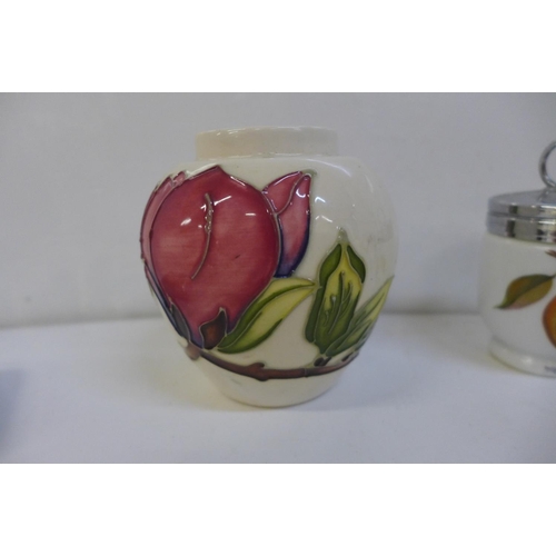 725 - A Moorcroft vase, two Royal Worcester dishes and two egg coddlers, a cigarette case and a wristwatch... 