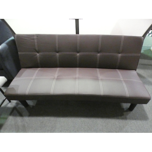 3016 - A brown leather effect and white stitched click-clack sofa (torn back)  * this lot is subject to VAT