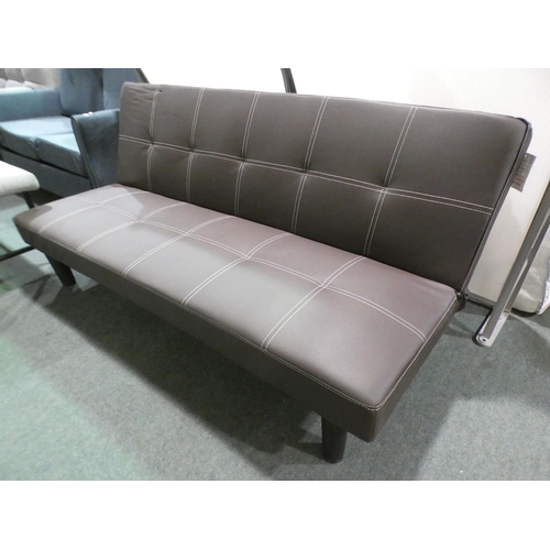 3016 - A brown leather effect and white stitched click-clack sofa (torn back)  * this lot is subject to VAT